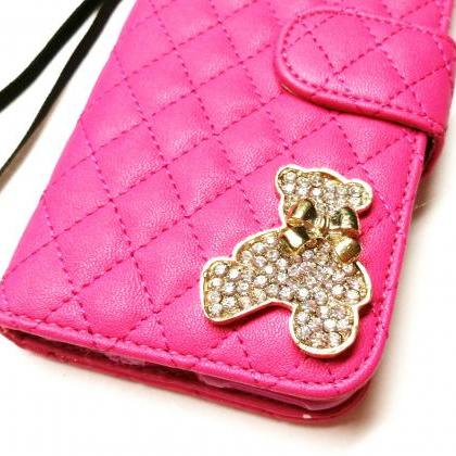 Iphone 6 Case Pink Luxury Leather With Gold Teddy..