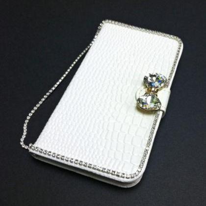 White Faux Leather Crystal Bowknot Wallet Case..