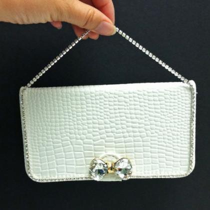 White Faux Leather Crystal Bowknot Wallet Case..