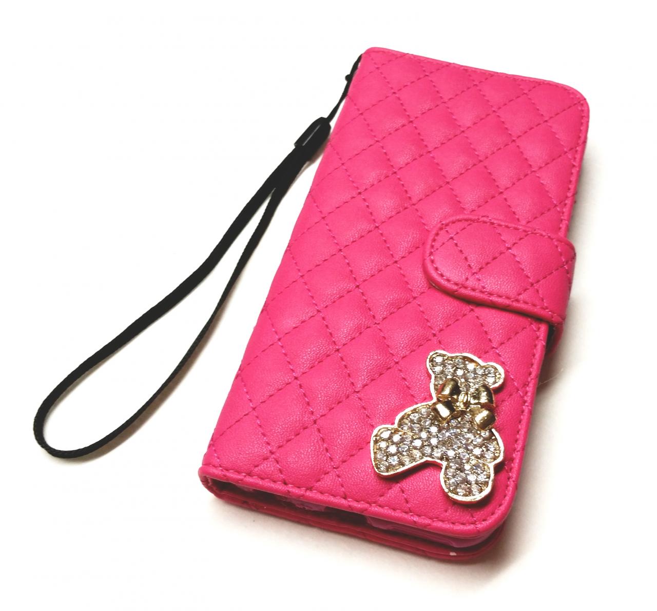 Iphone 6 Case Pink Luxury Leather With Gold Teddy Bear