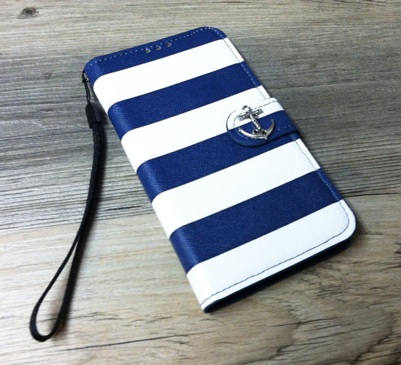 Anchor Samsung Galaxy S5 Leather Wallet Case Blue Stripes Galaxy S5 Wallet Case Cover Cute