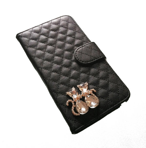 Luxury Quilted Leather Samsung Galaxy Note 3 Wallet Case With Crystal Kitty