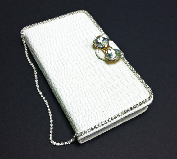 White Faux Leather Crystal Bowknot Wallet Case Cover For Samsung Galaxy Note 3, Samsung Galaxy Note 4 Wallet Case