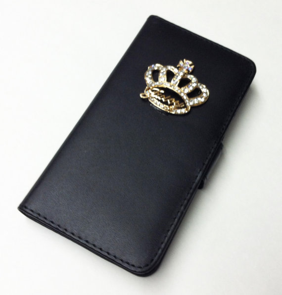 Bling Crown Samsung Galaxy S5 Wallet Case, Black Leather Wallet Case Cover For Samsung Galaxy S5