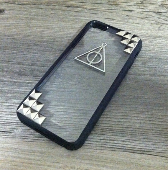 iPhone 5c Case - Stylish clear design hard case with black frame, Harry Potter Deathly Hallows Design with Silver Studs